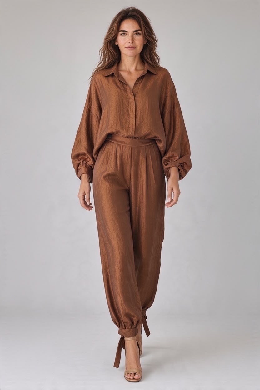 Chastar blouse in Bruin met kraag, knoopsluiting en lange ballonmouwen, vooraanzicht op een model