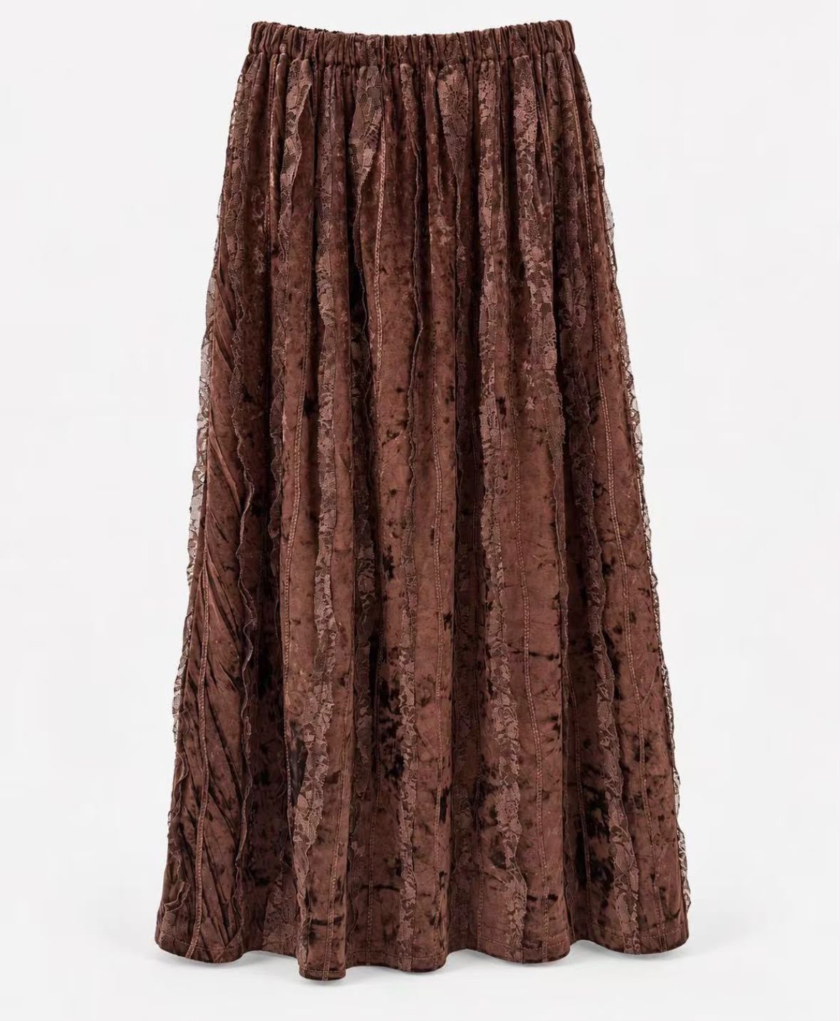 Chastar rok in Roest met een gerimpelde tailleband, verticale glanzende banen en kanten stroken met bloemmotief.