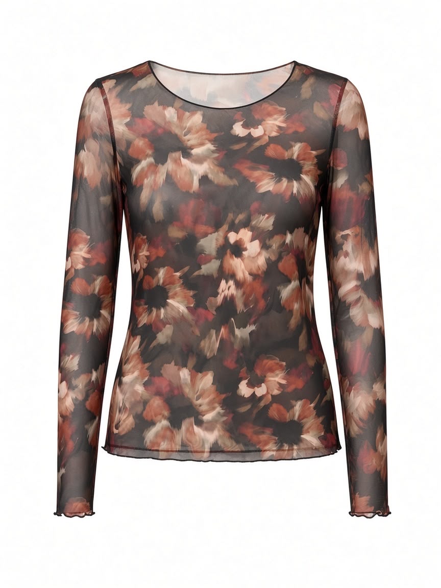 Fashion Chastar Top Florine in Zwart, vooraanzicht met bloemenprint, ronde hals en lange mouwen.