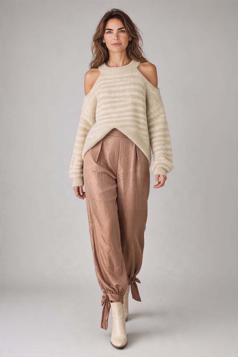 Chastar trui Arietta in Beige met horizontale strepen, ronde hals en open schouders, gedragen vooraanzicht.