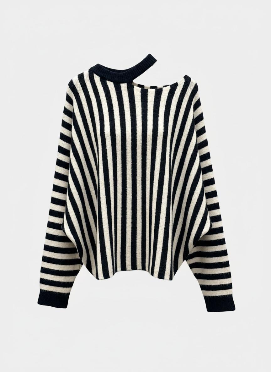 Fashion Chastar trui in Blauw met verticale strepen, lange mouwen en asymmetrische halsopening, vooraanzicht