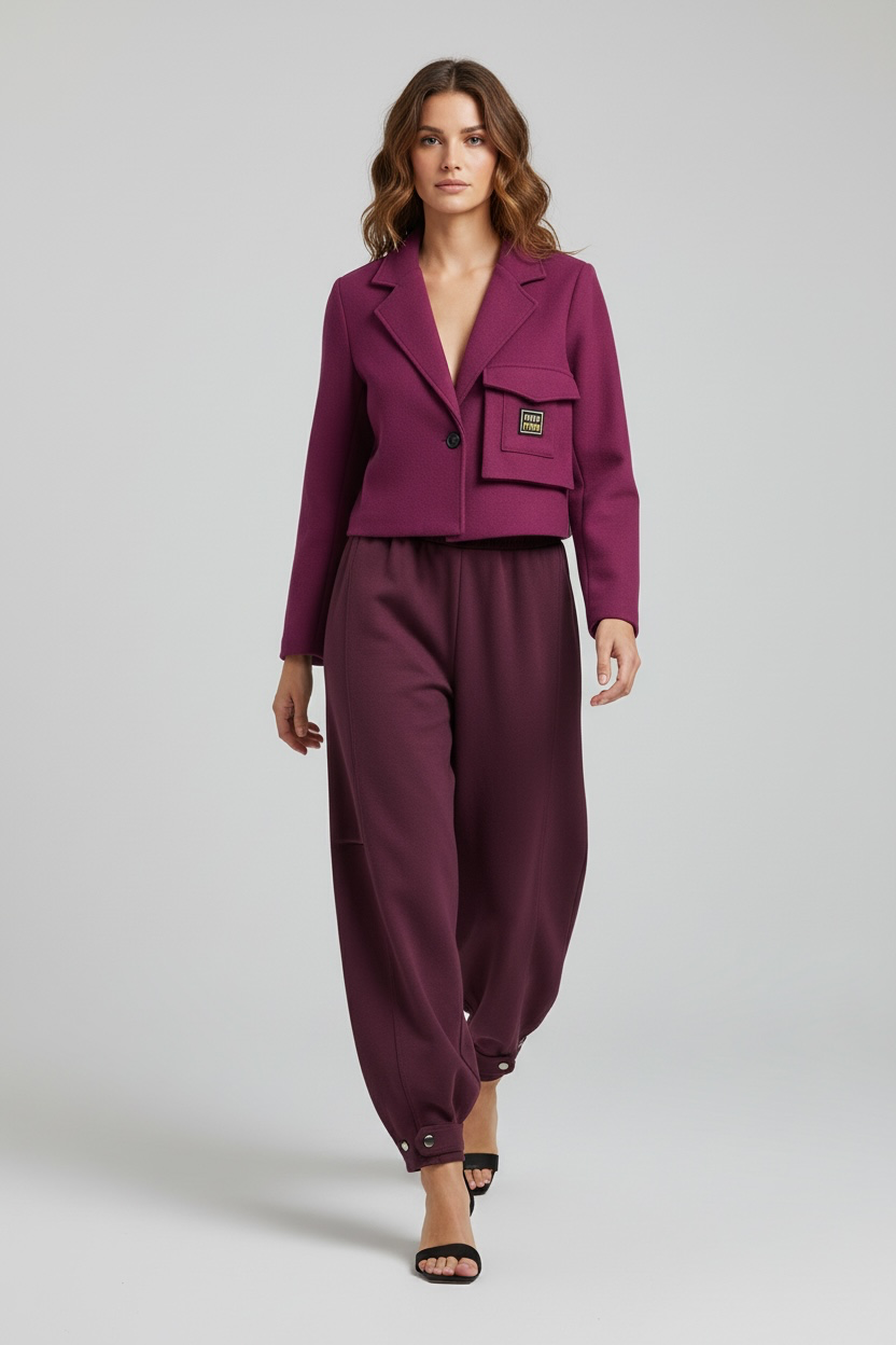 Chastar Blazer Elegant met Klepzak in violet met reverskraag en korte pasvorm, gedragen door een model.