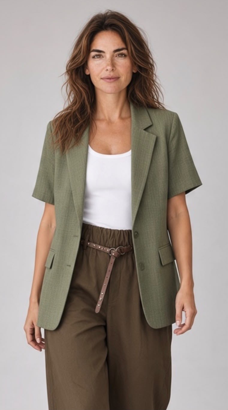 Chastar blazer in Groen met korte mouwen, reverskraag en klepzakken, gedragen detail van de voorzijde.
