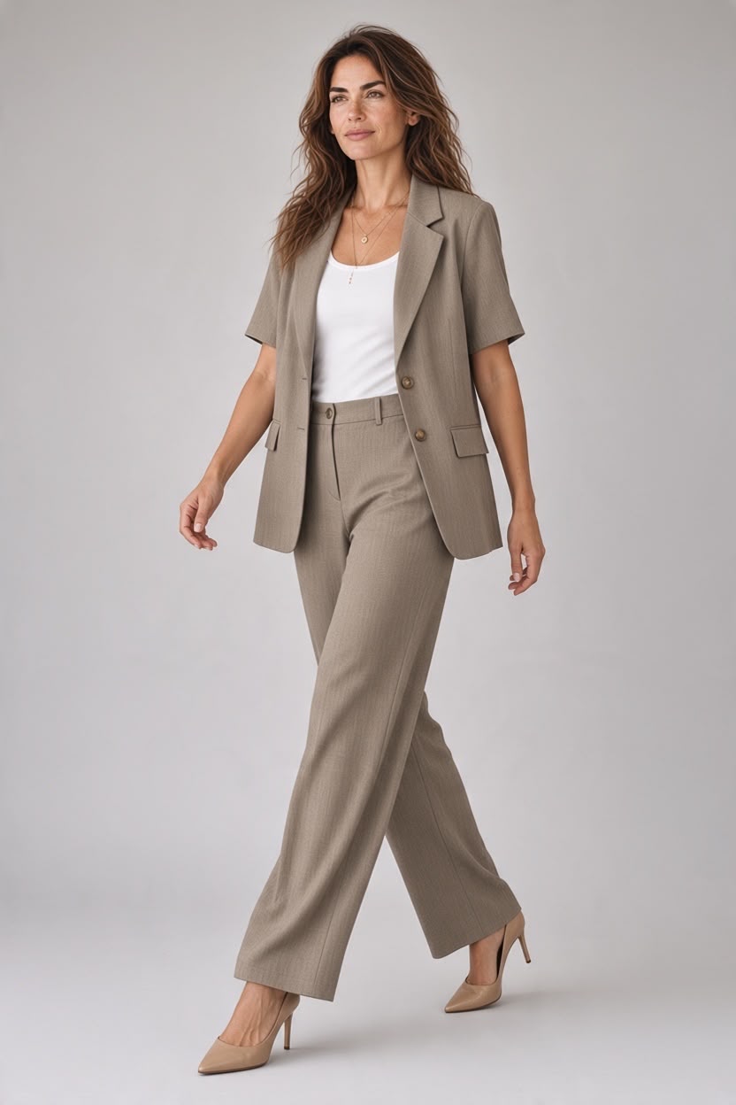 Chastar blazer in taupe met korte mouwen, twee knopen en klepzakken, schuin gedragen vooraanzicht.