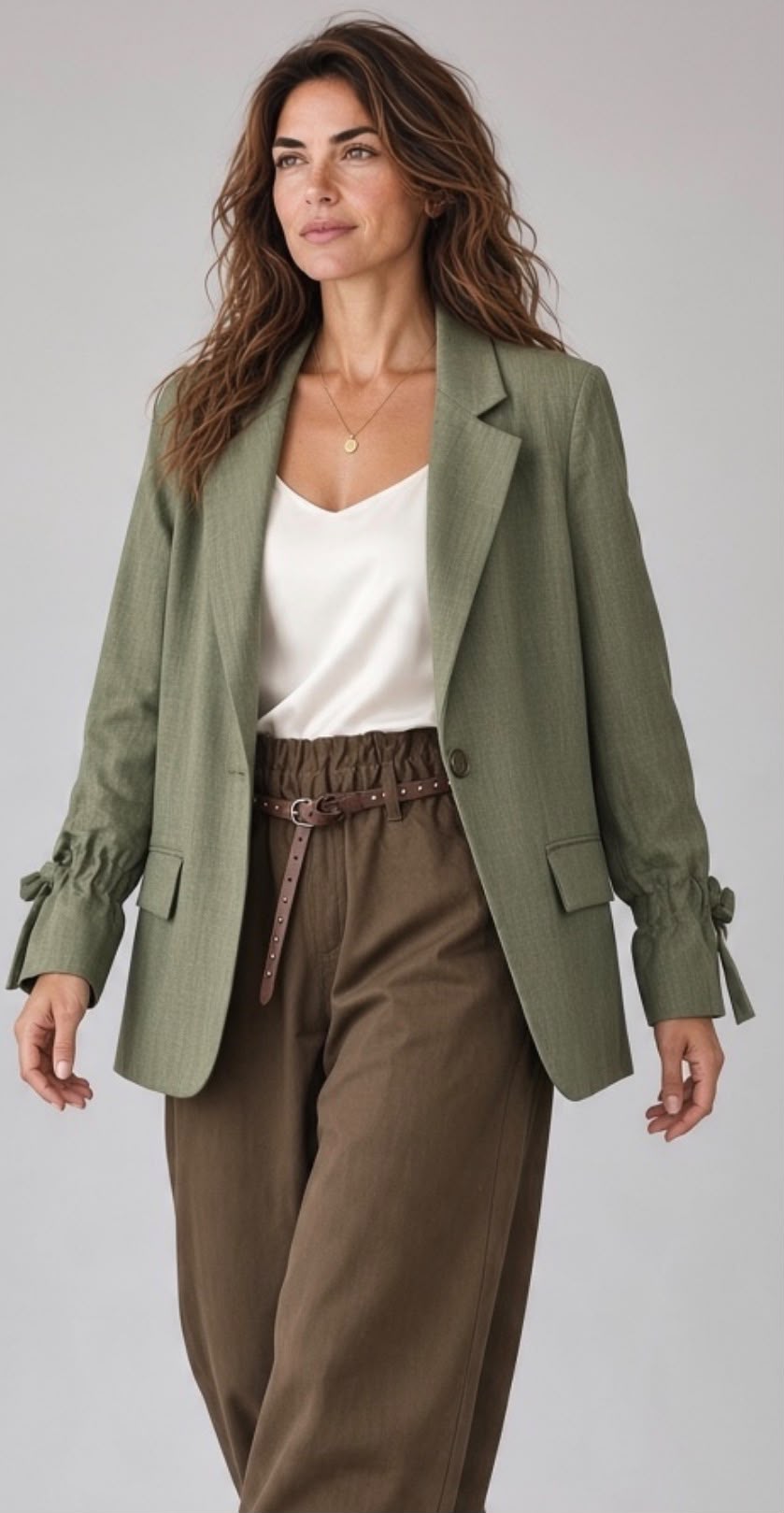 Groene Chastar blazer met reverskraag en strikdetails aan de mouwen, van voren op een model met een lichte top.