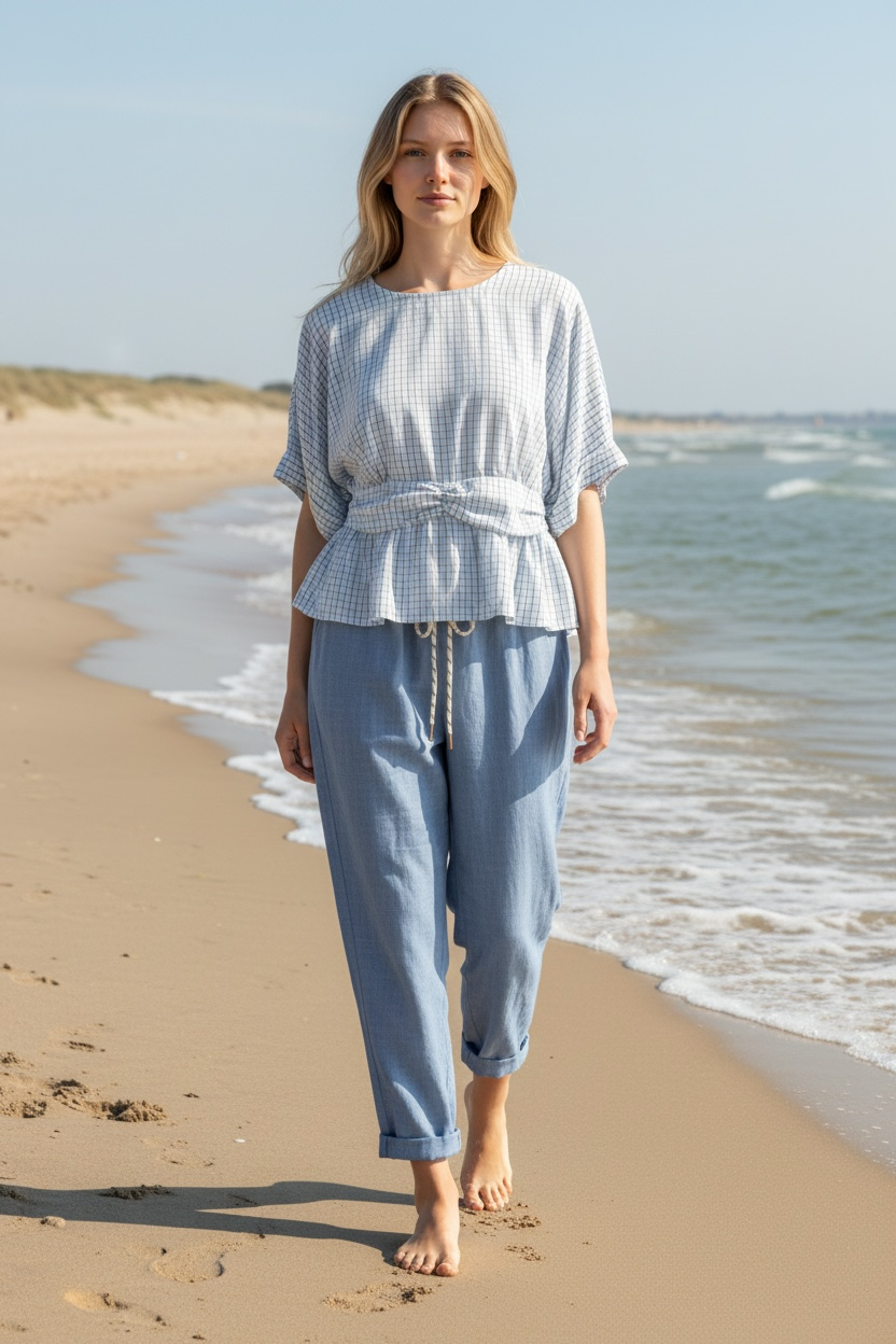 Chastar Blouse Aurelie in blauw met fijne ruitjes, ronde hals en korte mouwen, model aan zee