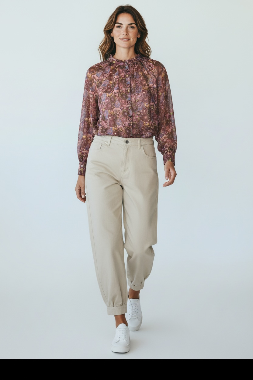 Chastar Blouse Aveline in paars met bloemenprint, opstaand kraagje en lange mouwen, vooraanzicht op model