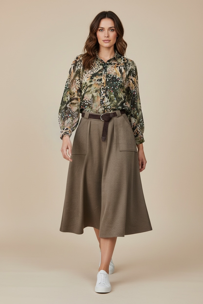 Chastar Blouse Luchtig Elise in army groen met abstracte print en lange mouwen, gedragen door een model.