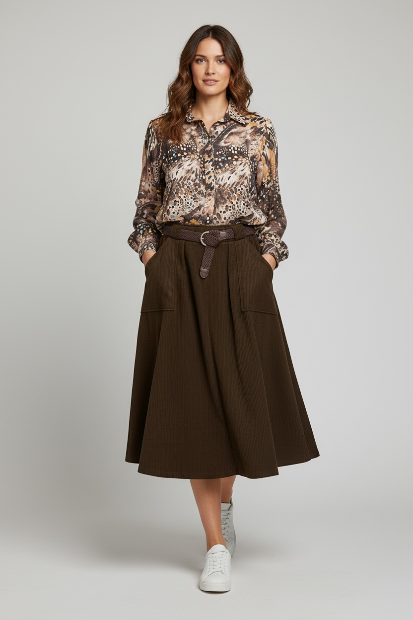 Chastar Blouse Luchtig Elise in bruin met abstracte print en lange mouwen, gedragen door een model.