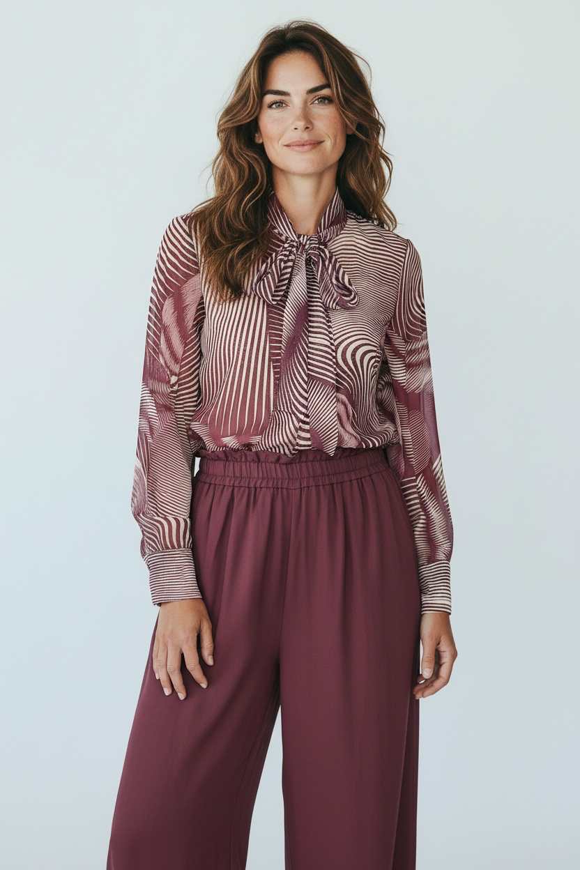 Chastar Blouse Noémie in Bordeaux met golvend lijnendessin, strikdetail aan de hals en lange mouwen