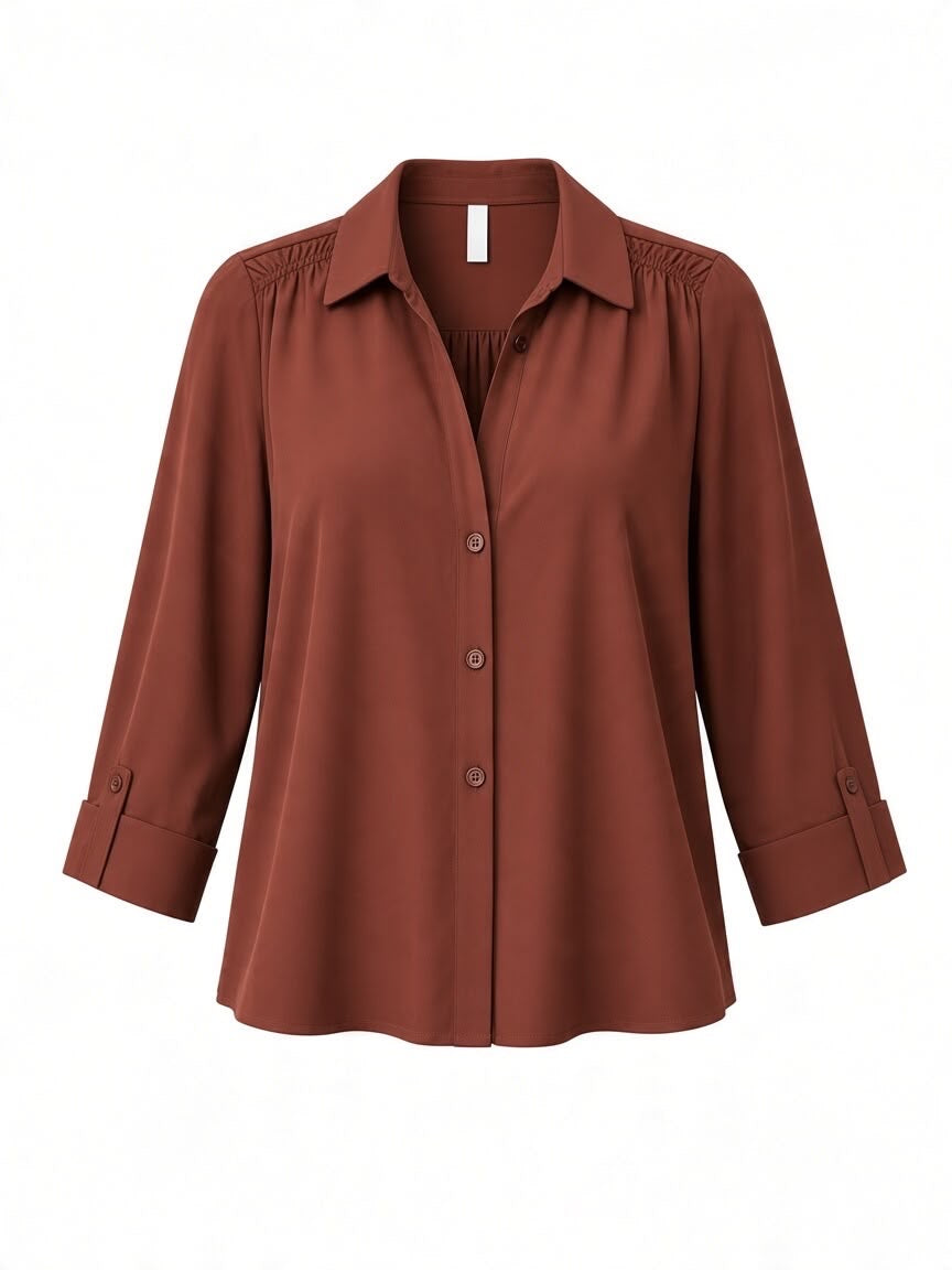 Vooraanzicht van Fashion Chastar blouse in Roest met gerimpelde schouders, kraag en mouwen met knooplipje
