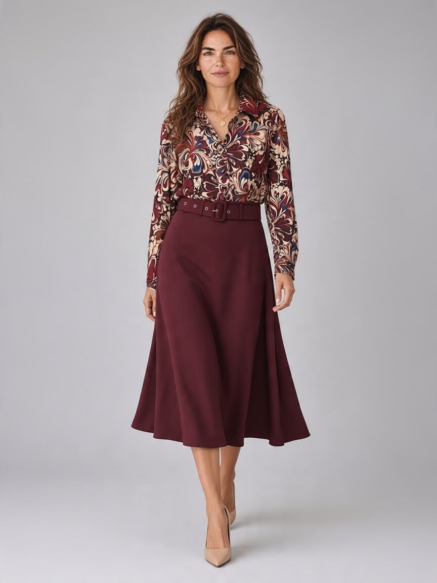 Chastar blouse Solenne in Bordeaux met sierlijke bloemen- en bladprint en lange mouwen, gedragen op model