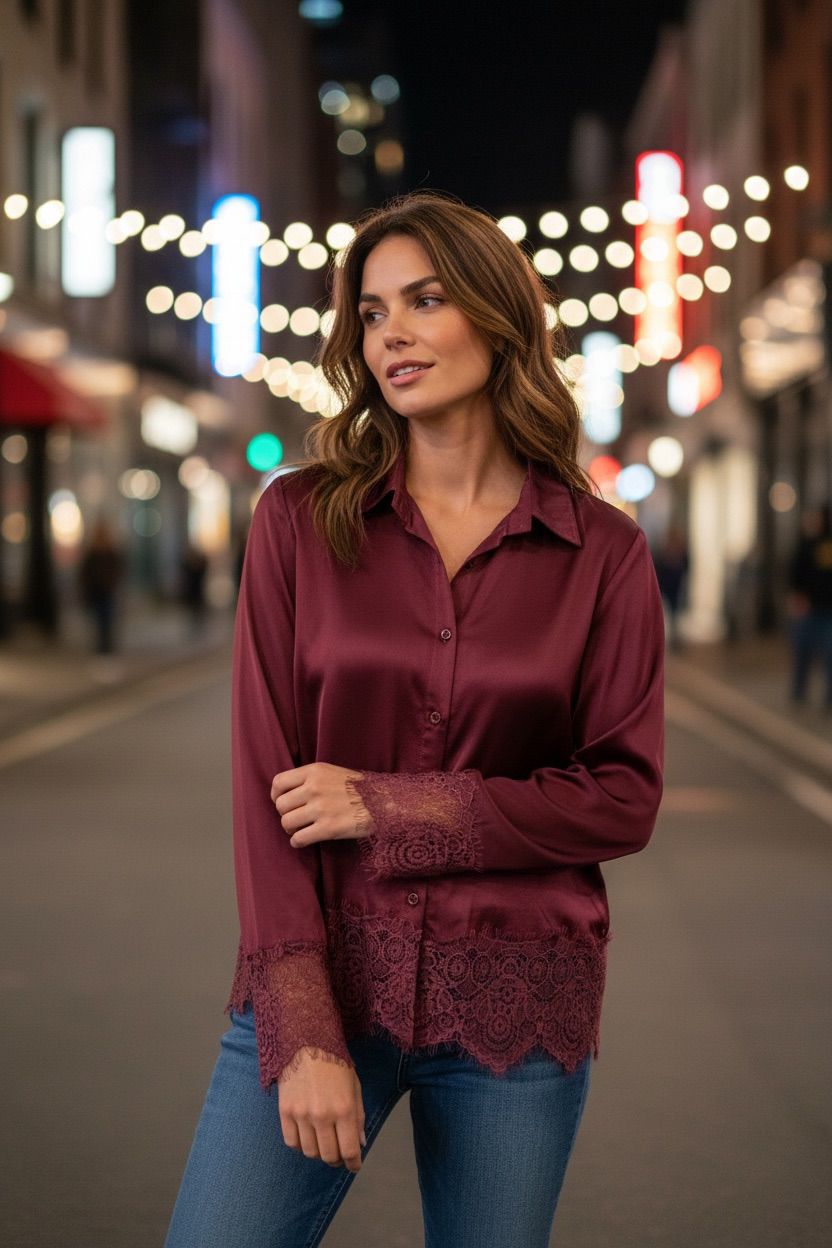 Chastar blouse van viscose en zijde in Bordeaux op een model, met lange mouwen en kanten afwerking