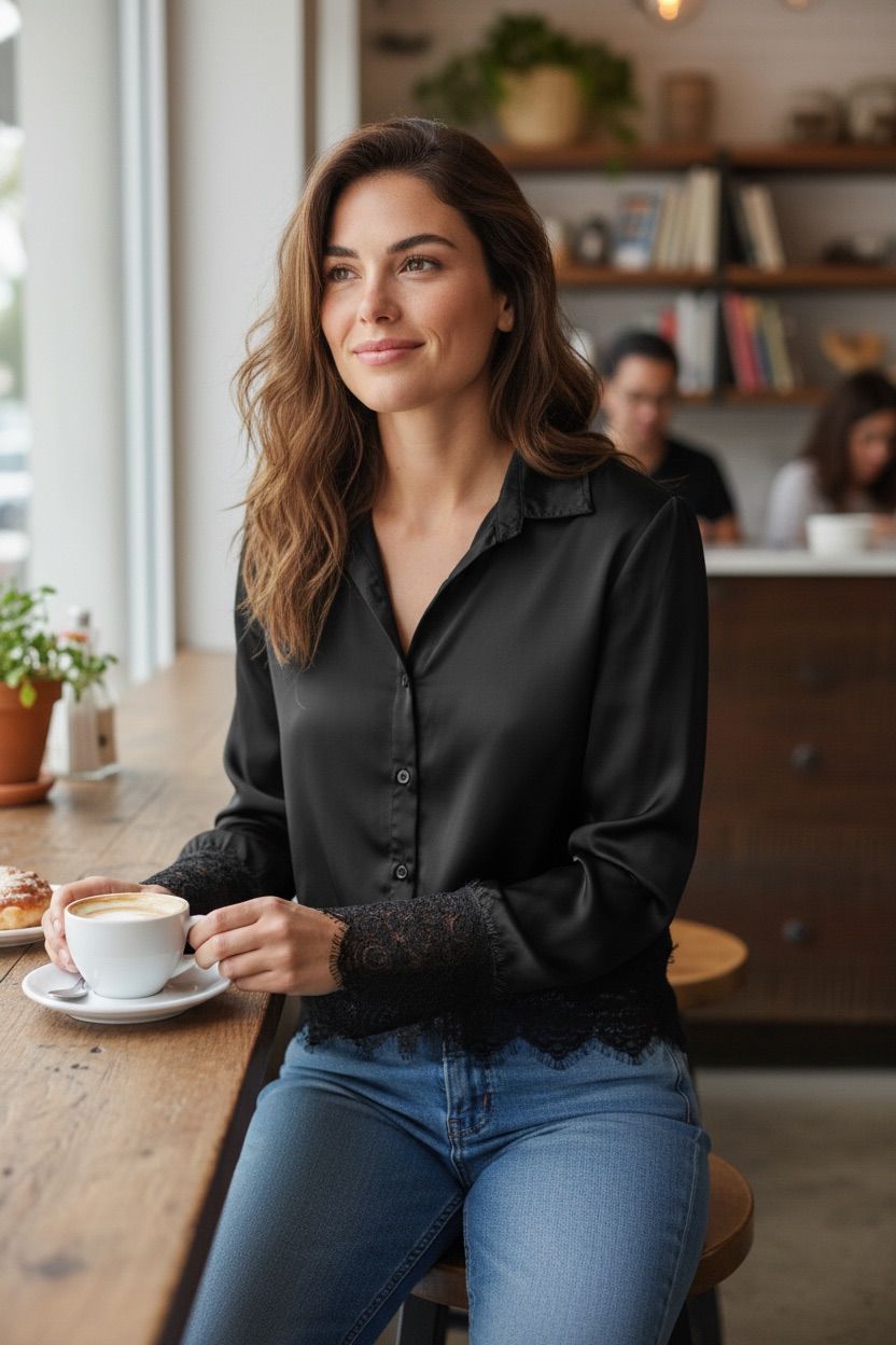 Chastar blouse van viscose en zijde in Zwart op een model, met kraag, knopen en kanten zoom