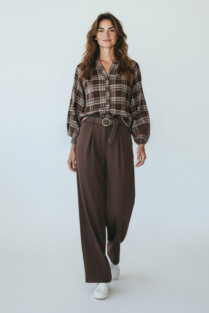 Chastar broek met stretch in Bruin, vooraanzicht op een model met plooien en riemlussen