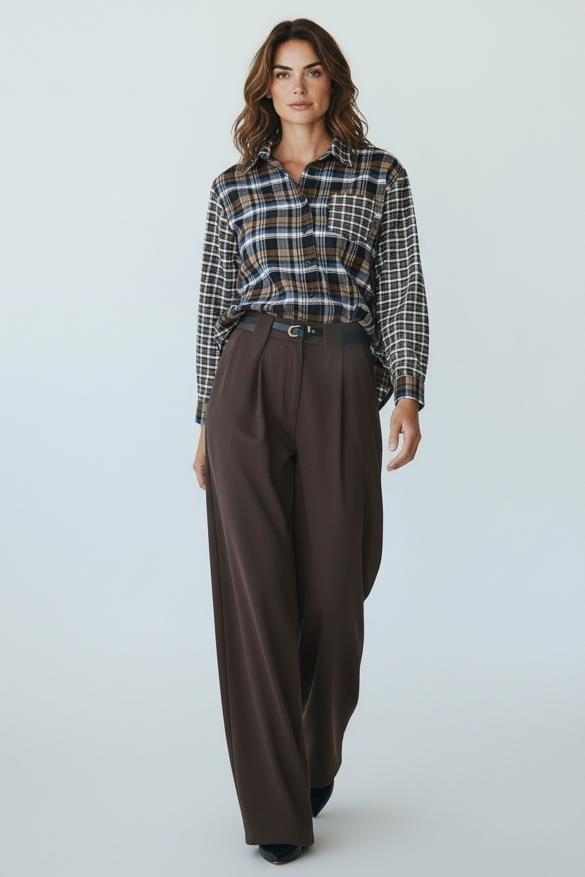 Chastar Broek Wijde Pijpen met Riem in bruin met plooien aan de voorzijde, gedragen door een model.