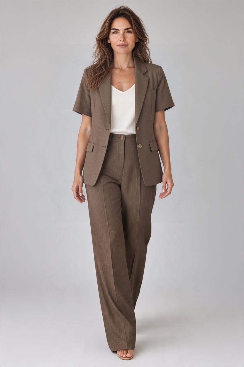 Chastar broek in bruin met wijde pijpen en knoopsluiting, volledig gedragen vooraanzicht op model.