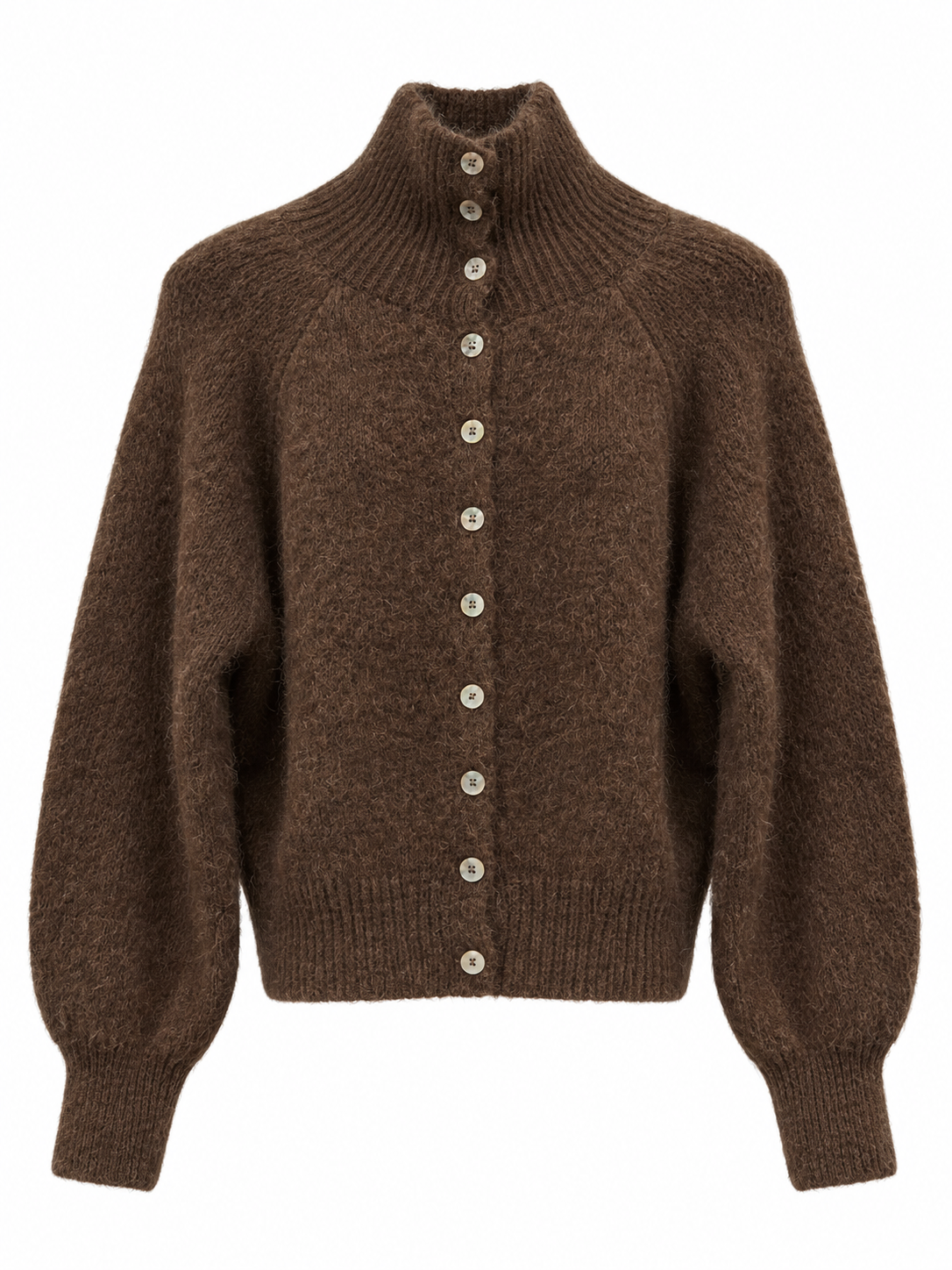 Chastar Cardigan Gebreid met hoge kraag in choco bruin met knoopsluiting en geribde boorden, aan een kledinghanger.