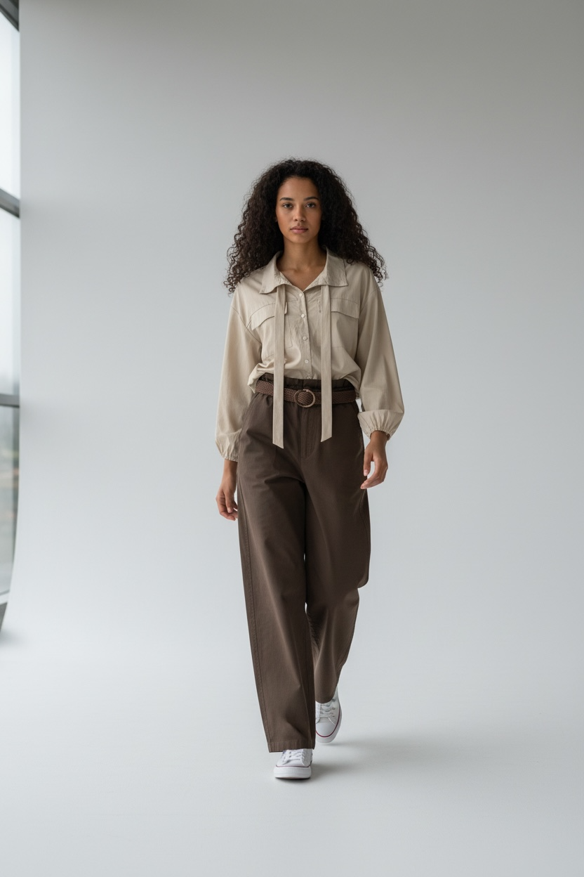 Chastar Cotton Jas met knopen in Beige op een model, met kraag, lange mouwen en linten aan de voorzijde