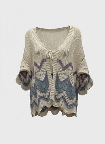 Chastar Cotton Vest Anaïs in Beige, vooraanzicht met opengewerkte zigzagbanen en wijde mouwen
