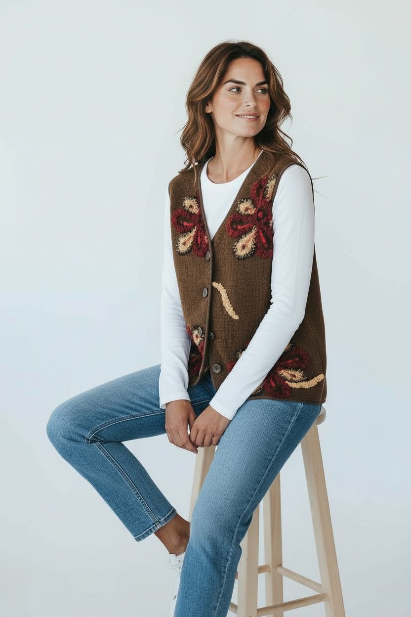 Chastar Gilet Alina in Bruin op een zittend model, met bloemenmotief en knopen aan de voorzijde