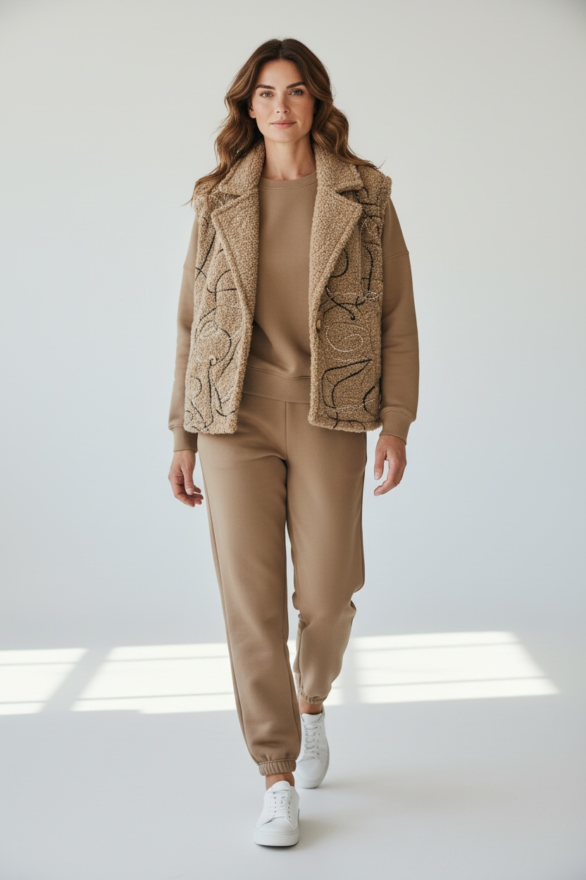 Chastar gilet Livia in Camel met contrasterend lijnendessin en reverskraag, open gedragen op model