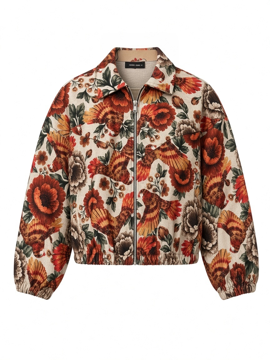 Chastar Jas Elara in Roest met bloemen- en vogelprint, voorzijde