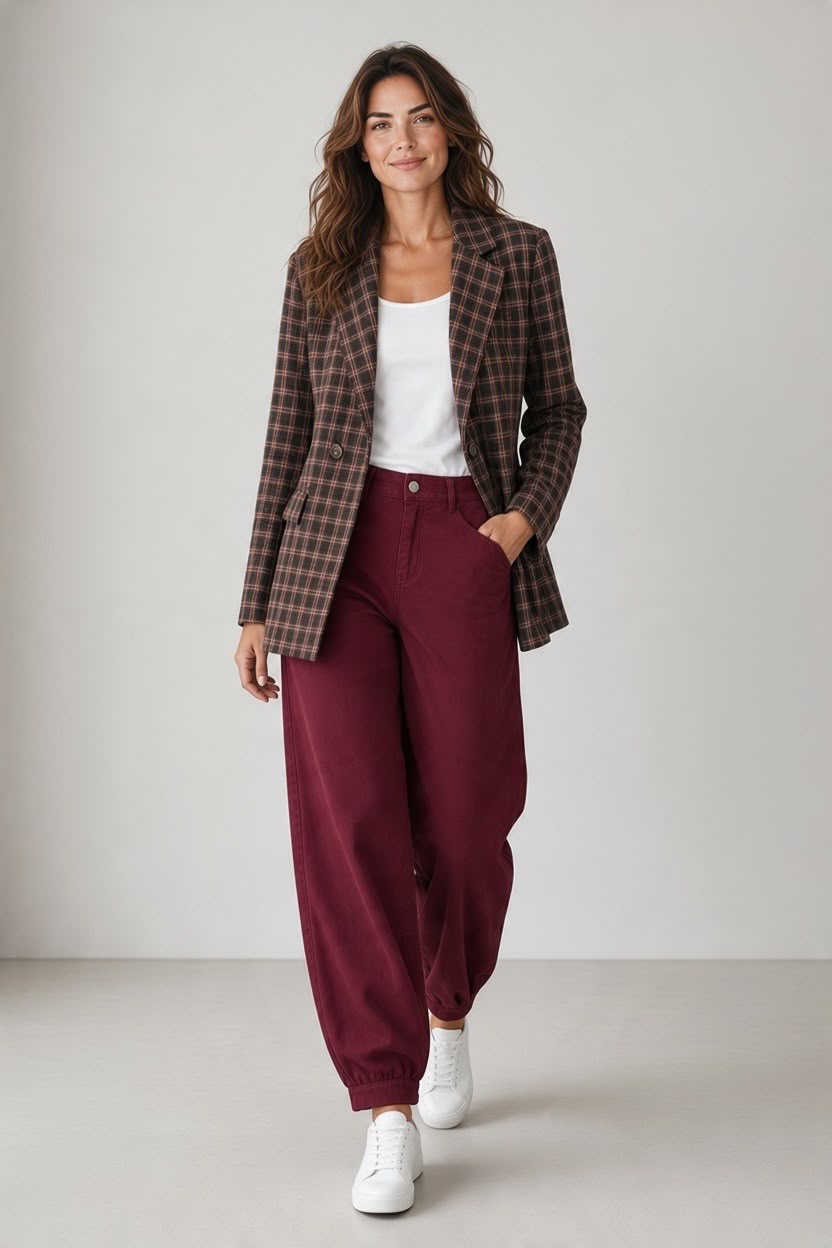 Chastar jas Elodie in Bruin met ruitmotief en zakken met klep, vooraanzicht op een model