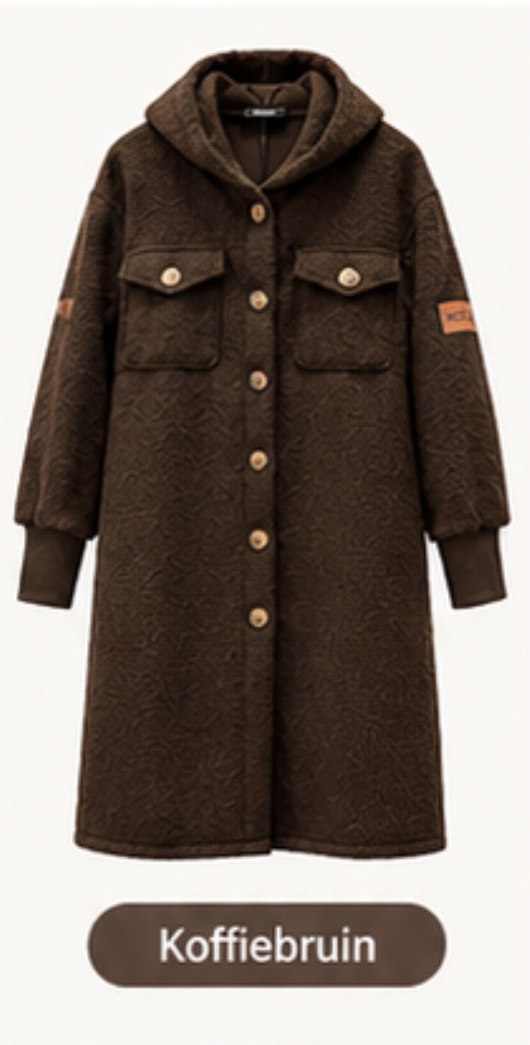 Chastar lange trenchcoat in Choco Bruin met structuurdessin, capuchon en borstzakken met klep, vooraanzicht