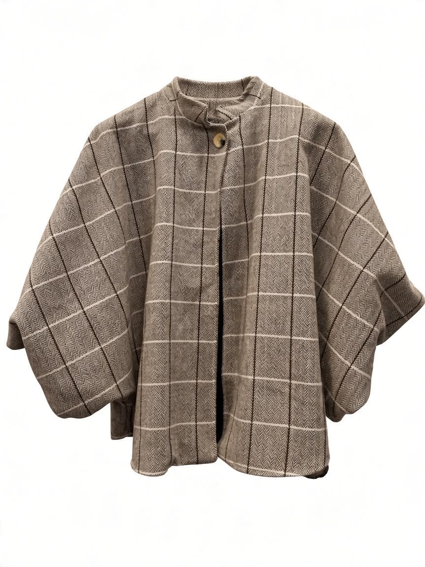 Chastar jas Maribel in Beige met ruitmotief en brede mouwen met omgeslagen manchetten, vooraanzicht