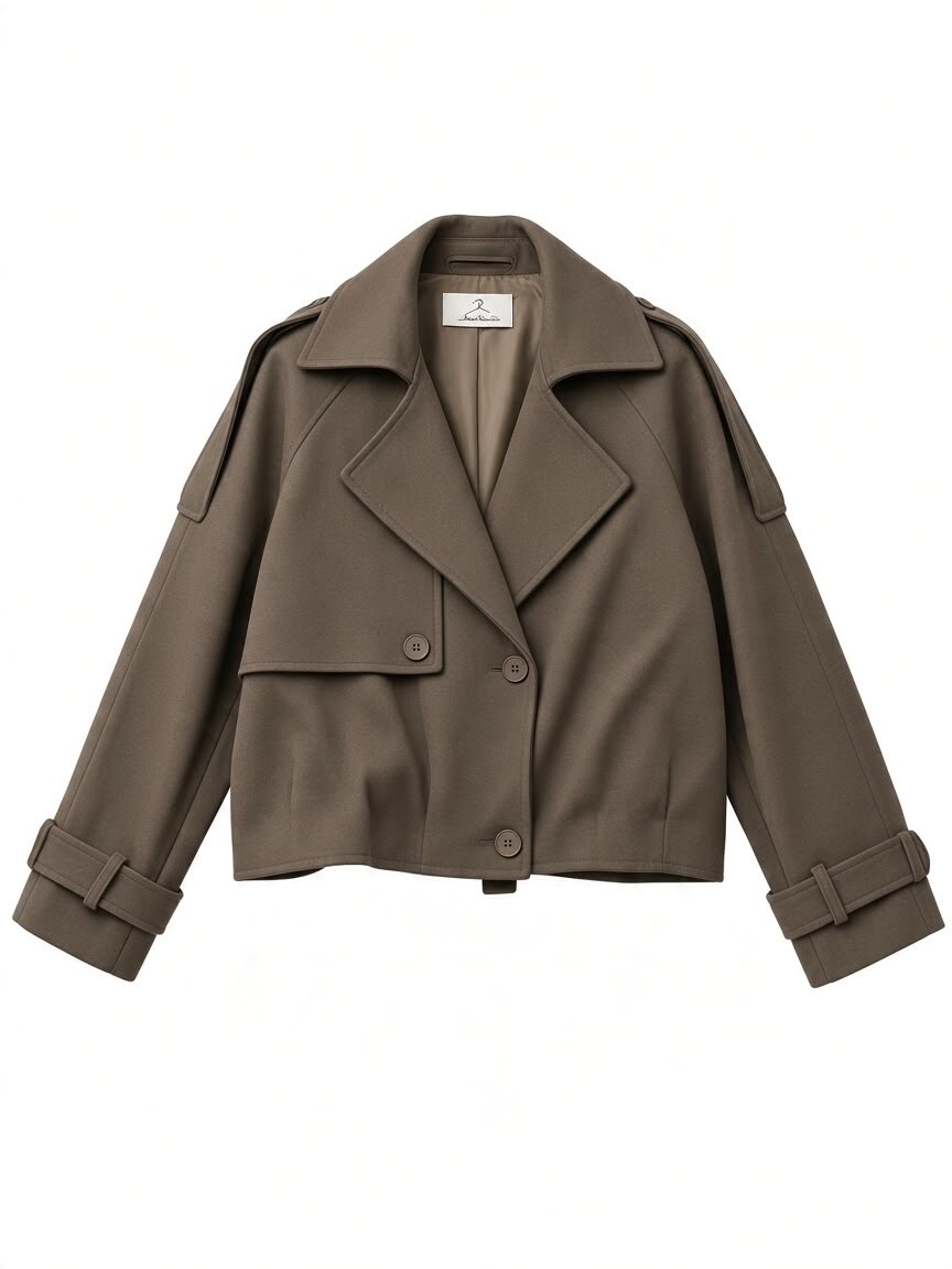 Chastar jas in Taupe met reverskraag, overlappend voorpand en mouwbandjes, vrijstaand vooraanzicht.