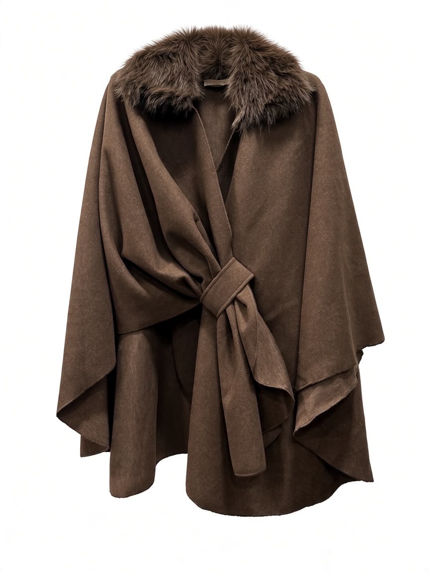 Chastar jas in Choco Bruin, vooraanzicht met langharige kraag en geplooid overslagdetail aan de voorzijde.