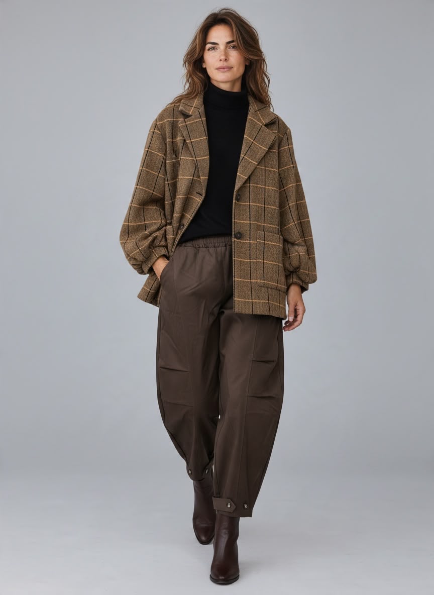 Chastar Jas Solène in Camel met ruitdessin, reverskraag en opgestikte zakken, gedragen op het model.