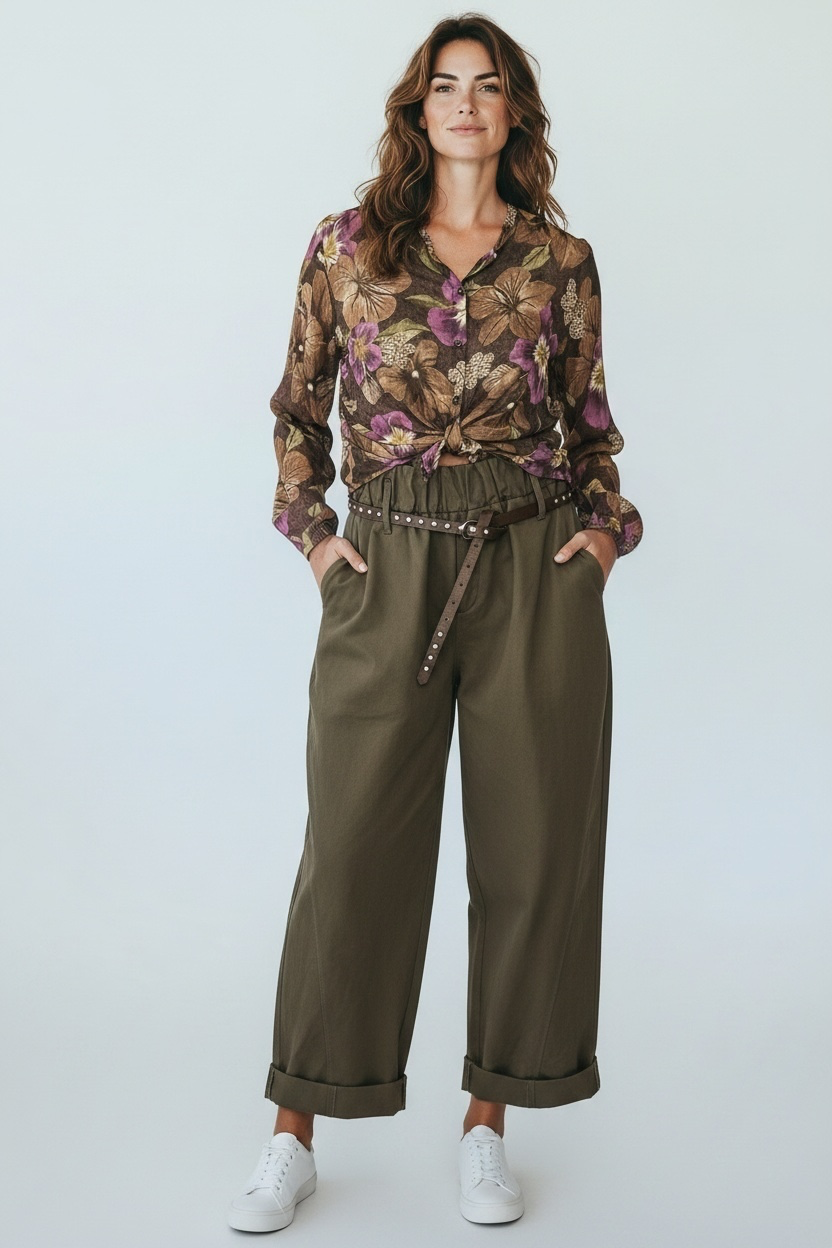 Chastar Barrel Pantalon in Army Groen met twee steekzakken en omgeslagen pijpen, vooraanzicht op model