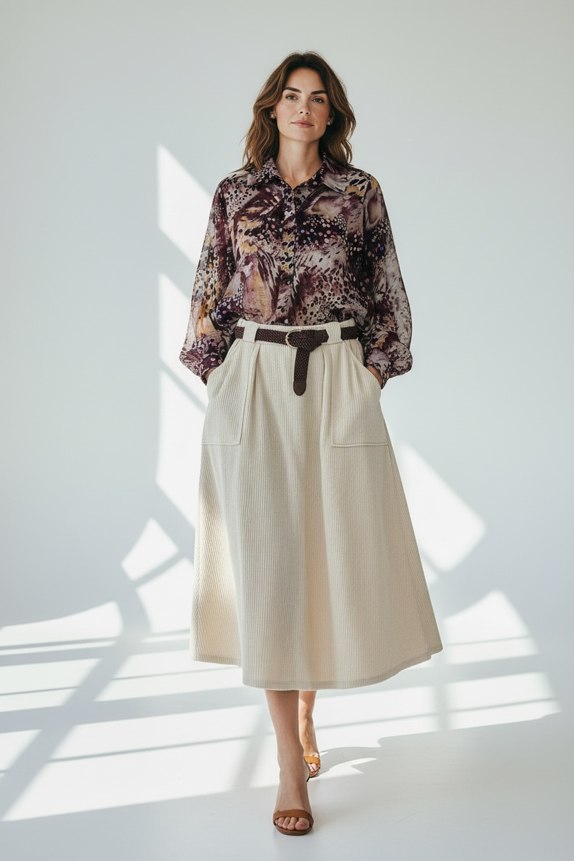 Chastar Rok Ribfluweel met ceintuur in off white, gedragen door een model met een blouse met print.