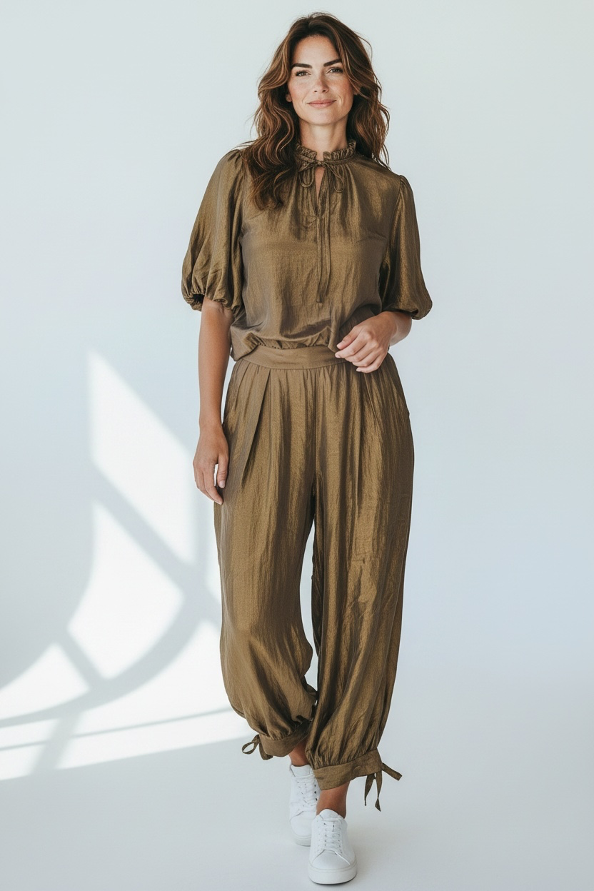 Chastar Set Chic op een model, met glanzende blouse, strikkraag en bijpassende broek met enkelstrikken