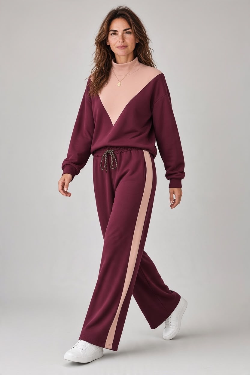 Chastar joggingset in Bordeaux met V-vormig contrastpaneel en zijstrepen op de broek, gedragen vooraanzicht.