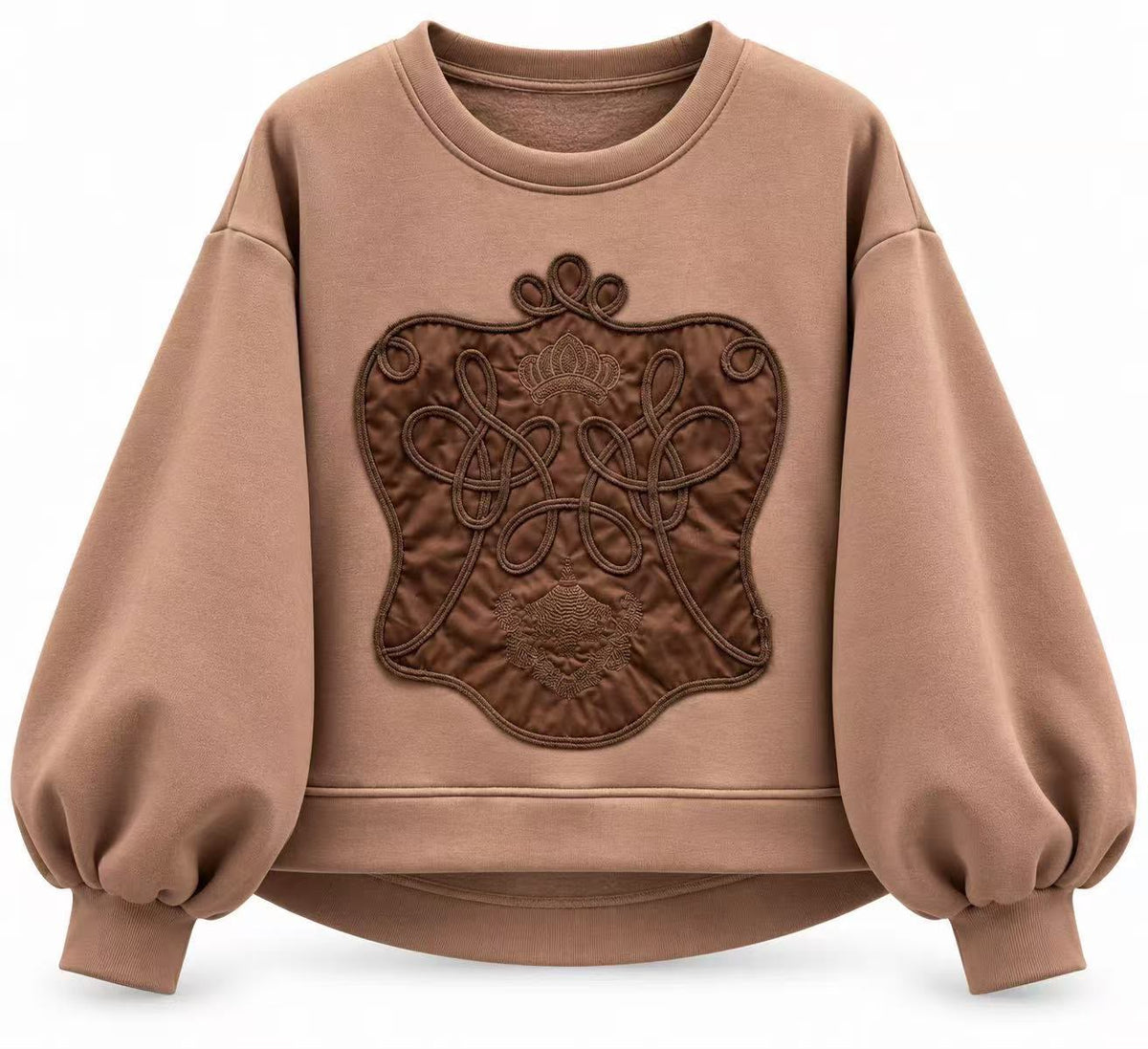 Chastar sweater in Bruin met sierapplicatie, ronde hals en lange ballonmouwen, vooraanzicht