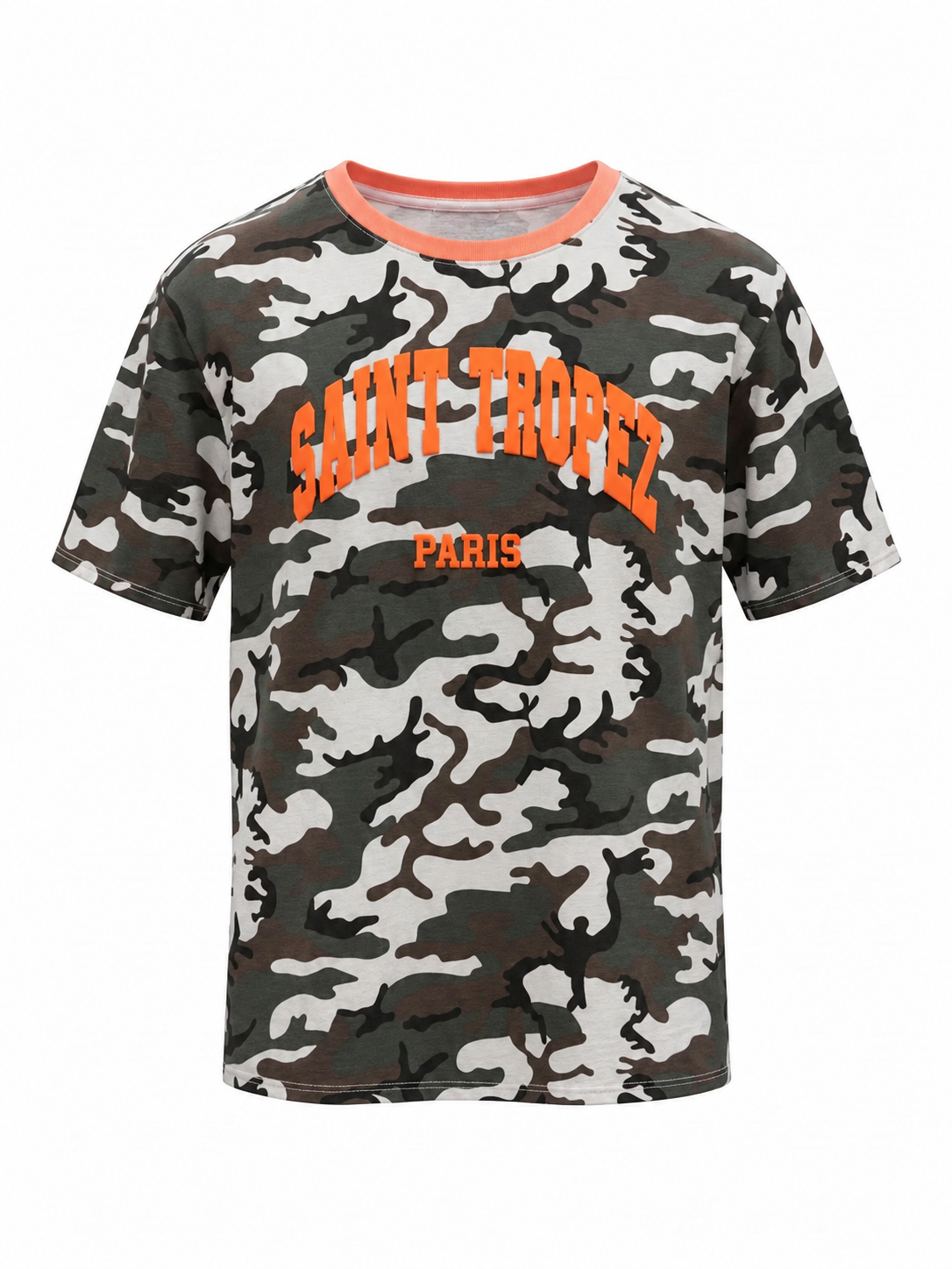 Top Aveline met camouflageprint, oranje tekst en gekleurde ronde halsboord, vrijstaand vooraanzicht