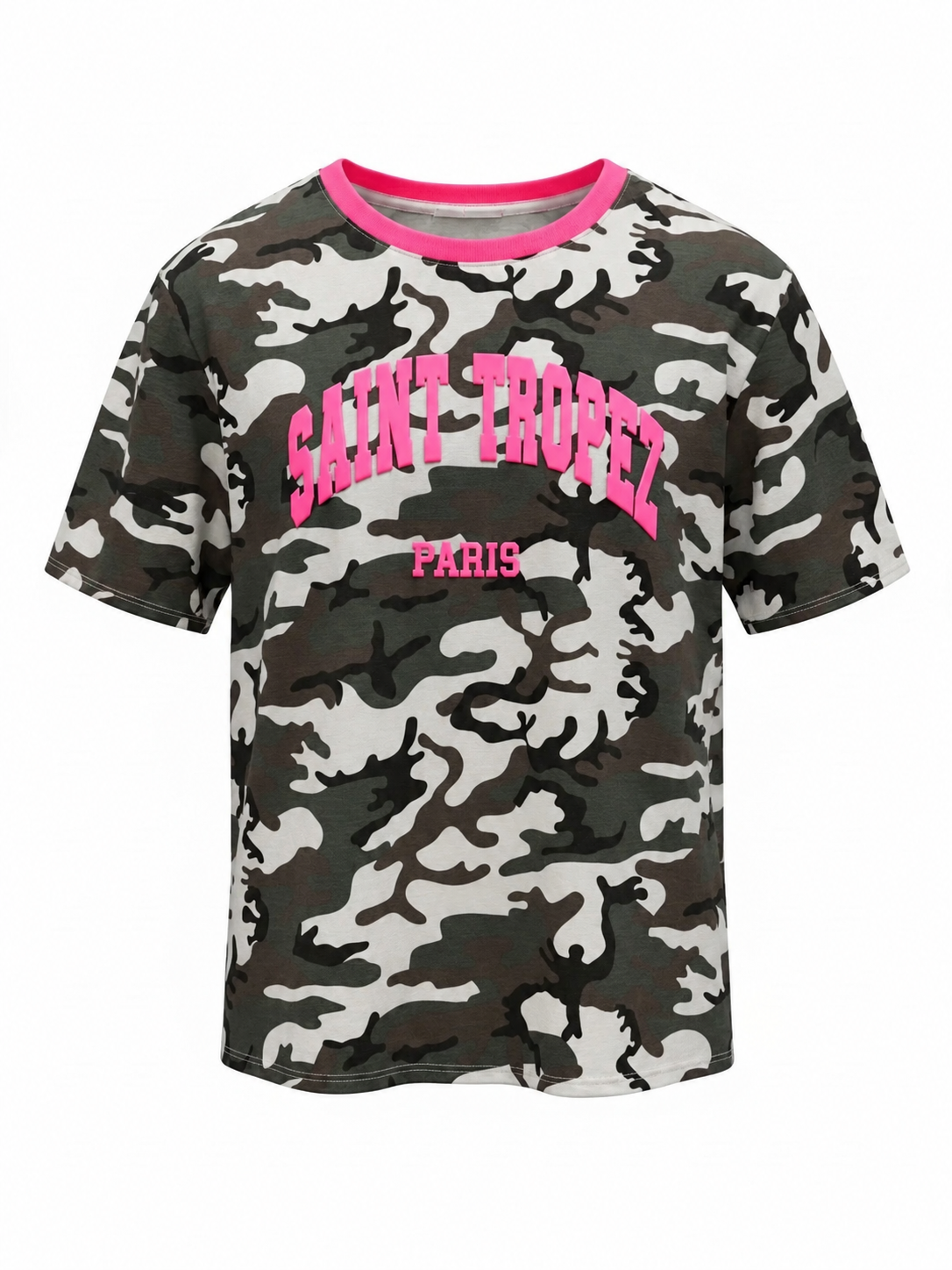 Top Aveline met camouflageprint, roze tekst en gekleurde ronde halsboord, vrijstaand vooraanzicht