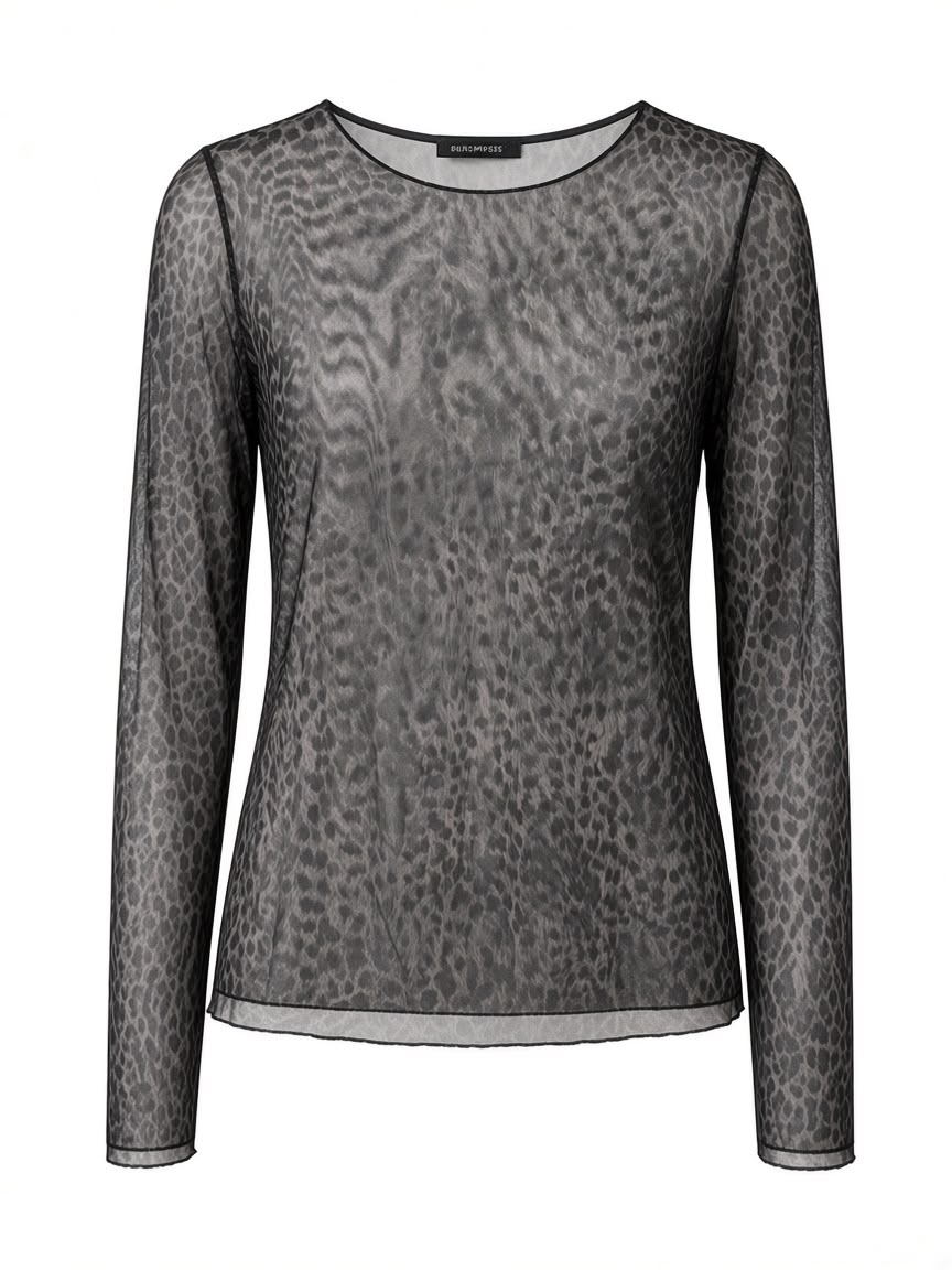 Chastar Top Linde in Zwart, vooraanzicht met luipaardprint, ronde hals en lange mouwen.