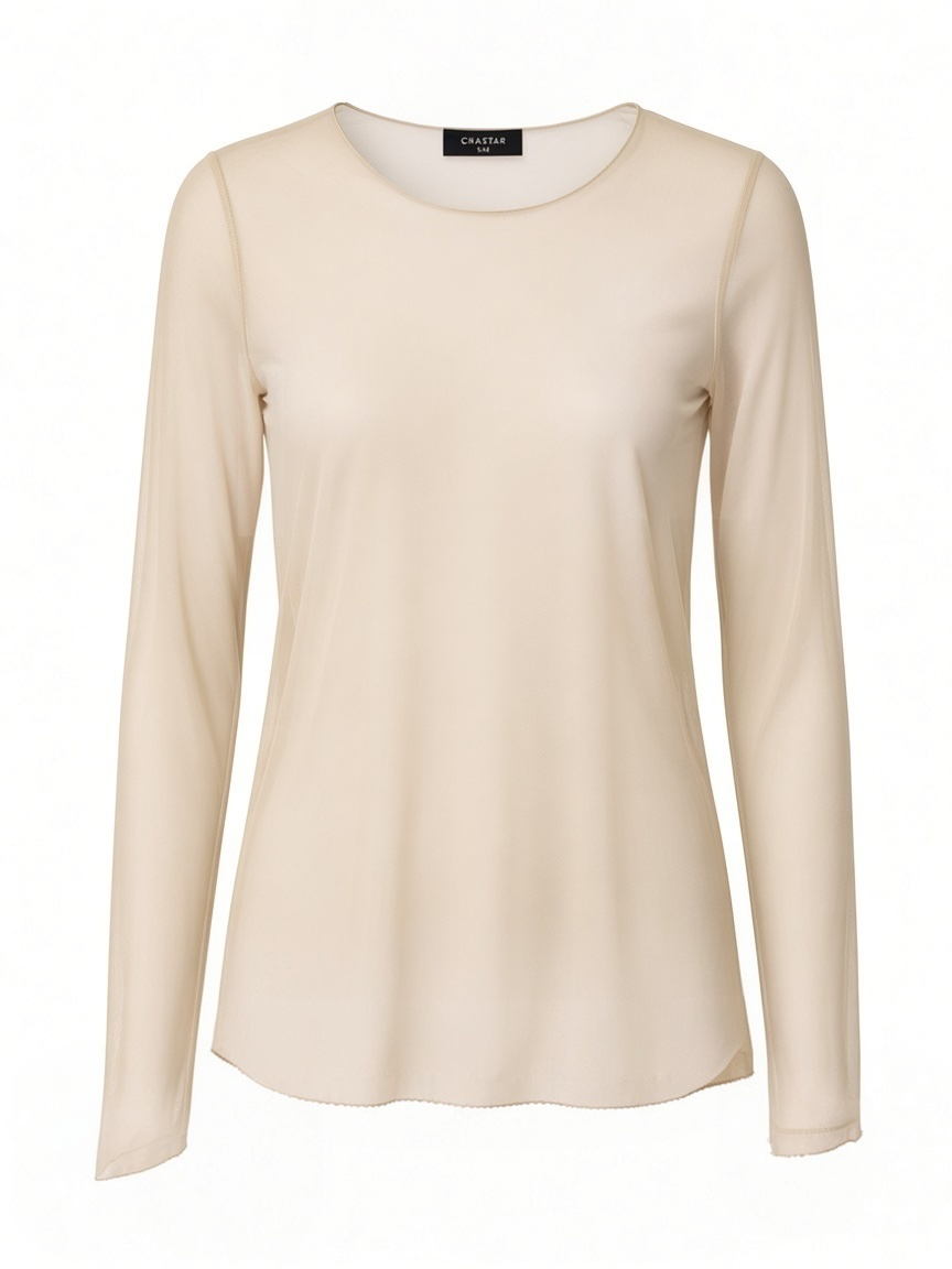 Chastar mesh top in Beige met lange mouwen en ronde hals, vooraanzicht