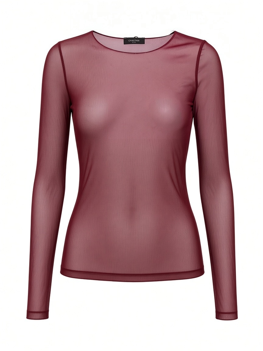 Chastar mesh top in Bordeaux met lange mouwen en ronde hals, vooraanzicht