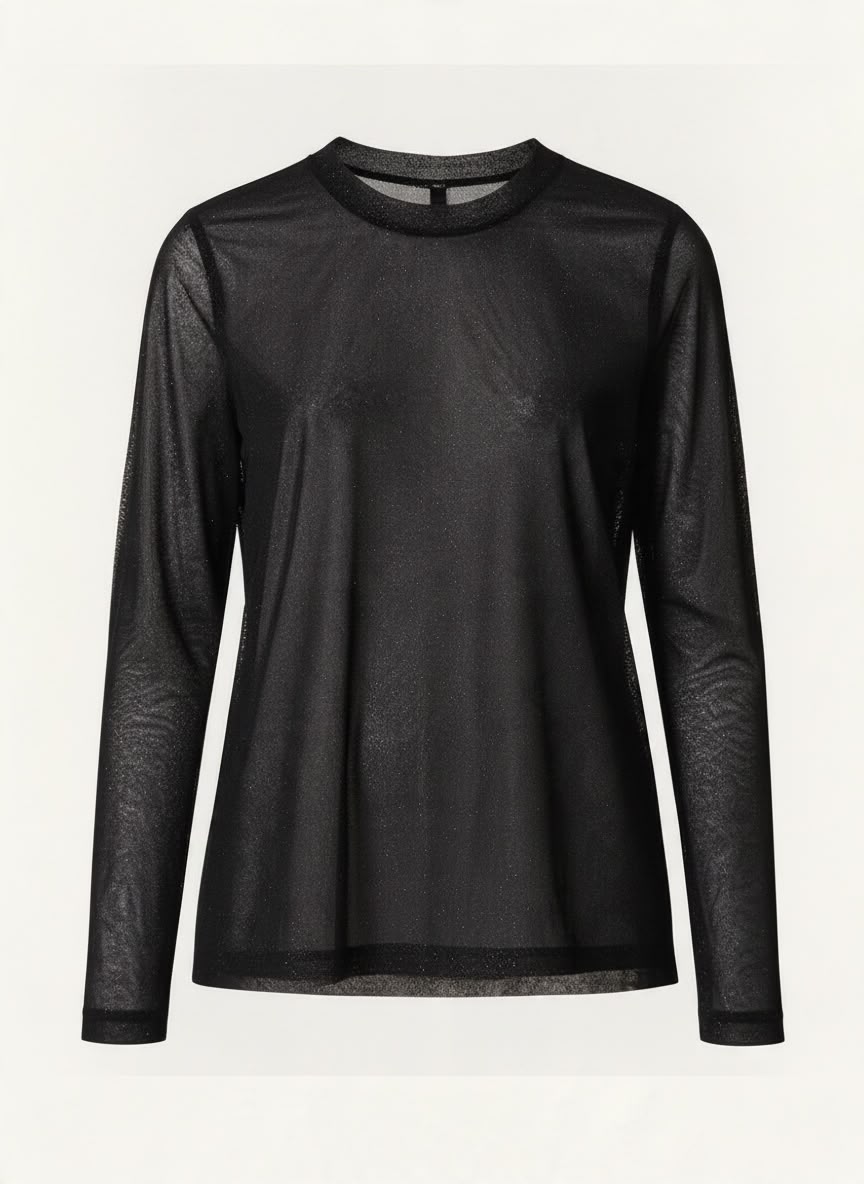 Chastar mesh top in Zwart met lange mouwen, ronde hals en smalle randen, vooraanzicht