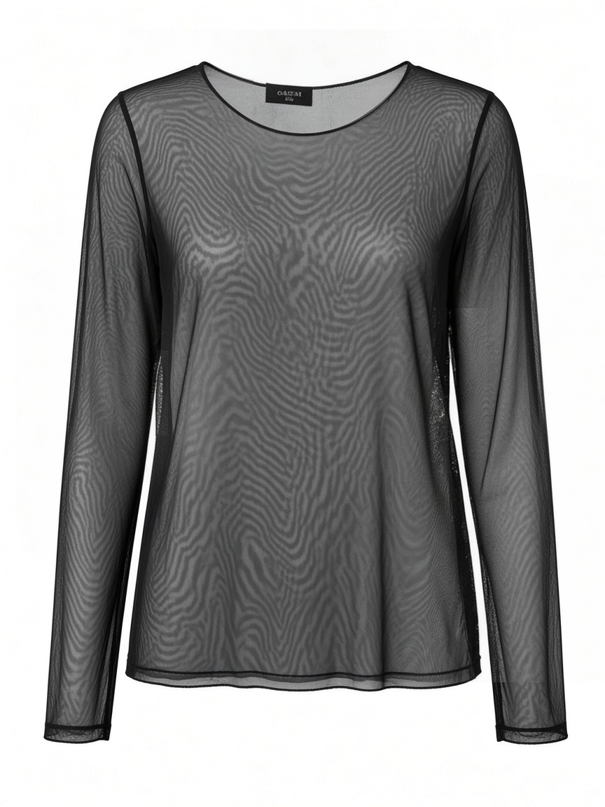 Chastar mesh top in Zwart met lange mouwen en ronde hals, vooraanzicht