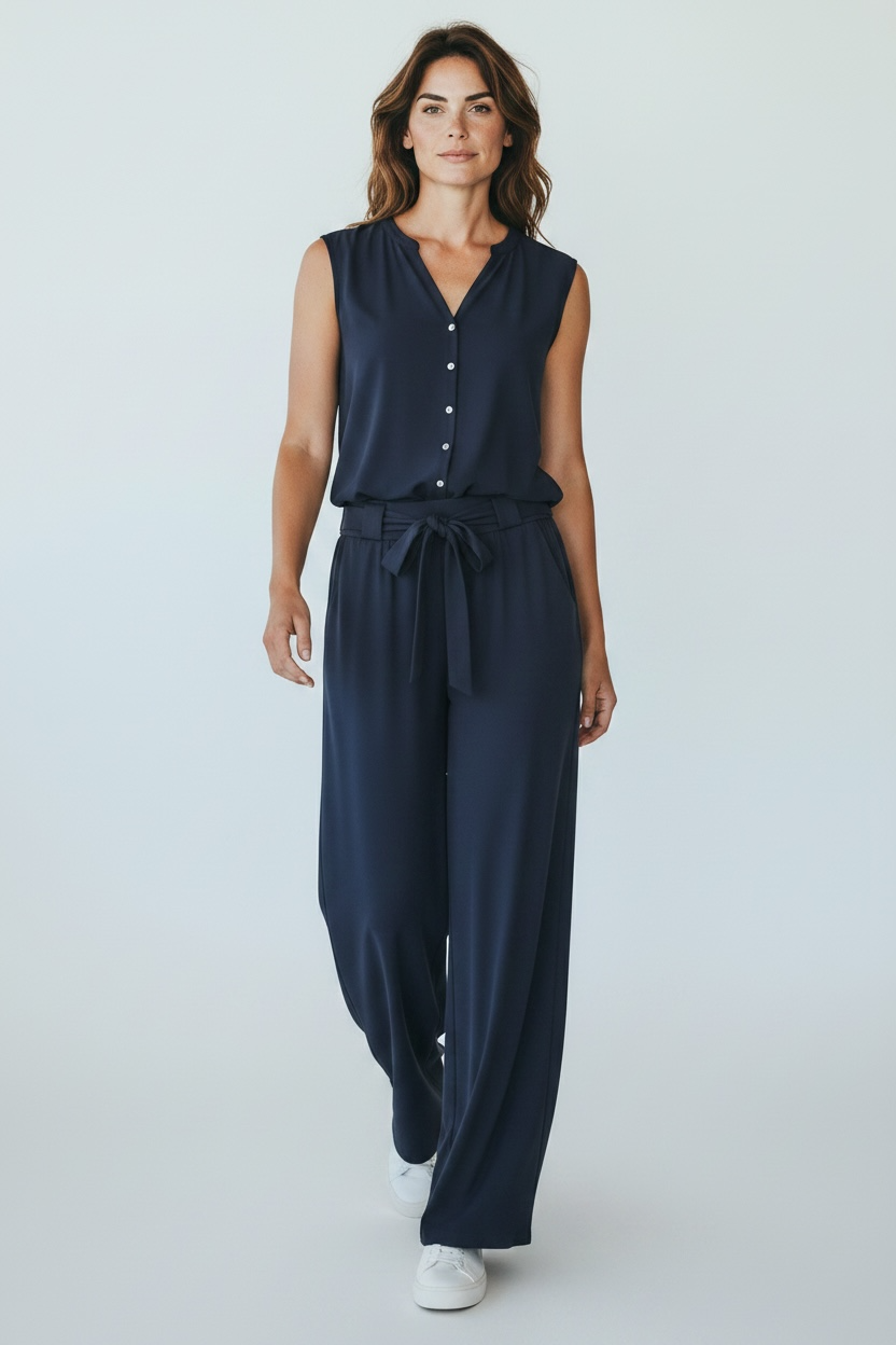 Chastar tricot broek in donkerblauw met wijde pijpen en strikceintuur, gedragen door een model