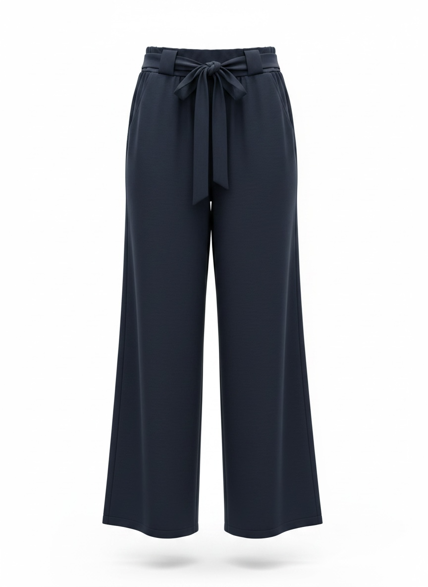 Chastar tricot broek in donkerblauw met ceintuurlussen en lange wijde pijpen, productfoto van voren