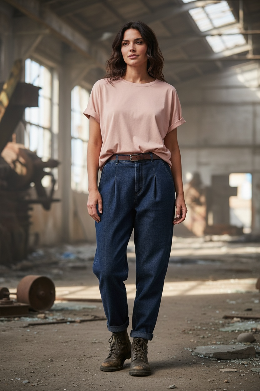 Chastar Tricot Shirt in Zalm op een model, vooraanzicht met korte mouwen en ronde hals