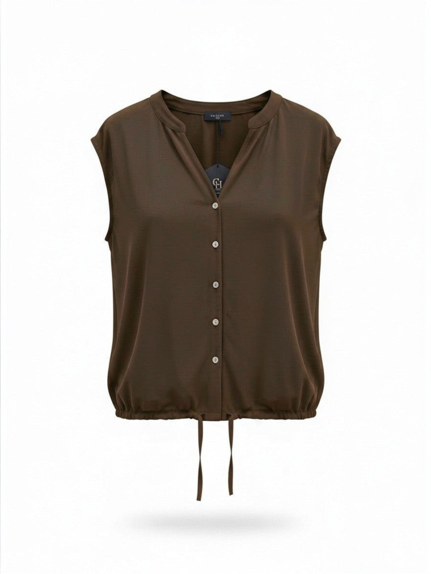 Chastar Tricot Top met knopen en trekkoord in Choco, vrijstaand vooraanzicht met gerimpelde zoom