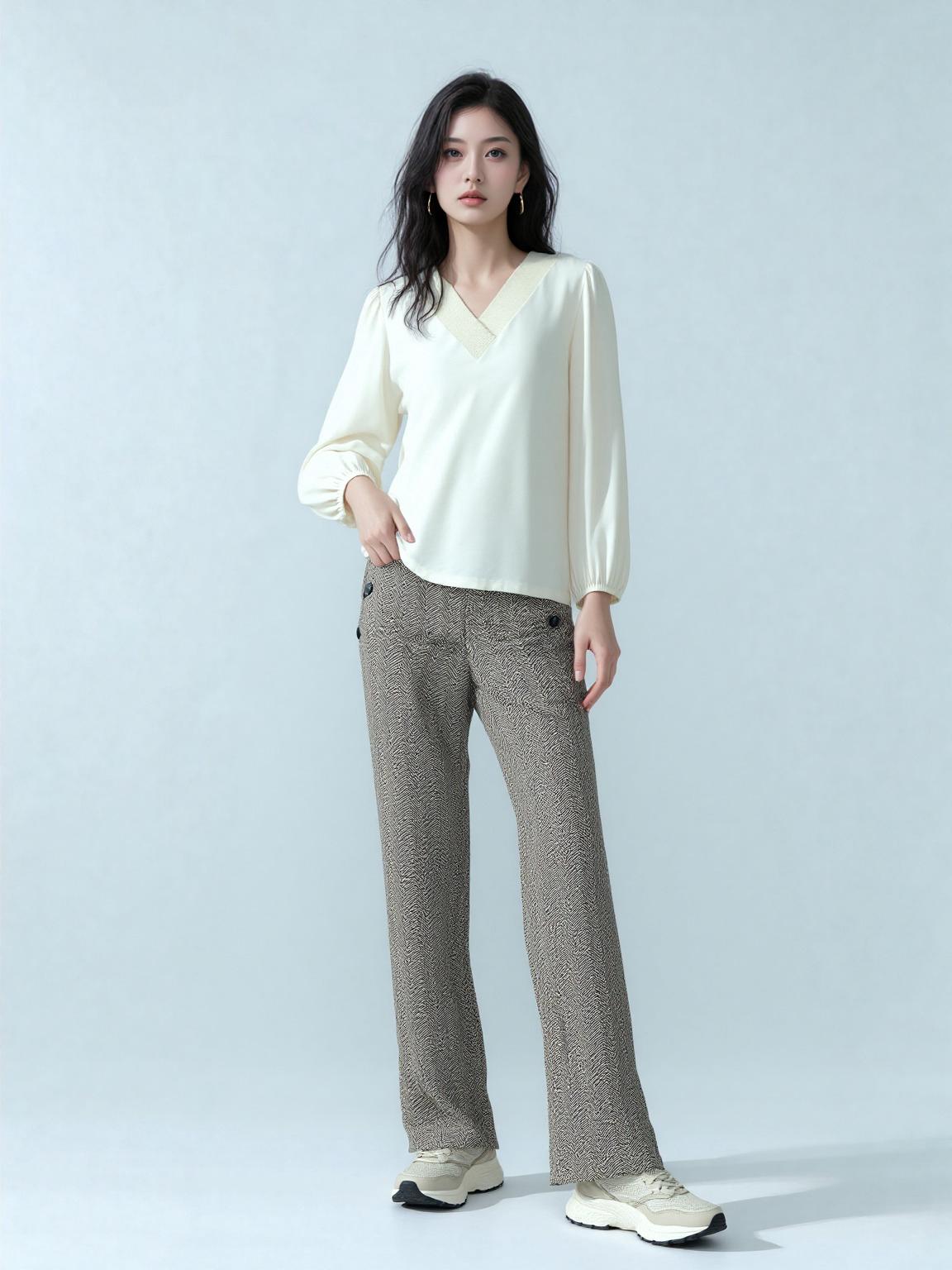 Chastar Tricot Top met V-hals in Off White op een model, met gerimpelde halsboord en lange mouwen